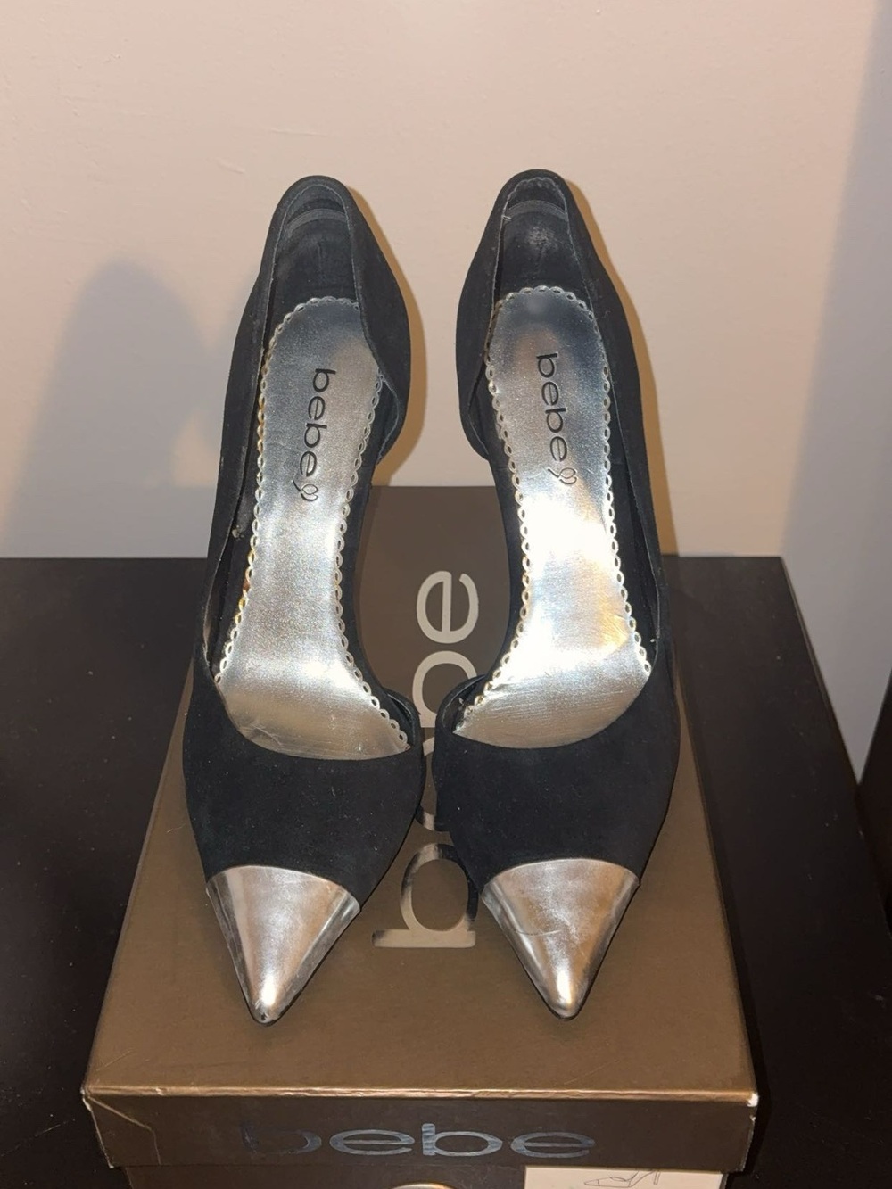 bebe Black Suede Pointed Pumps with Silver Metallic Cap Toe